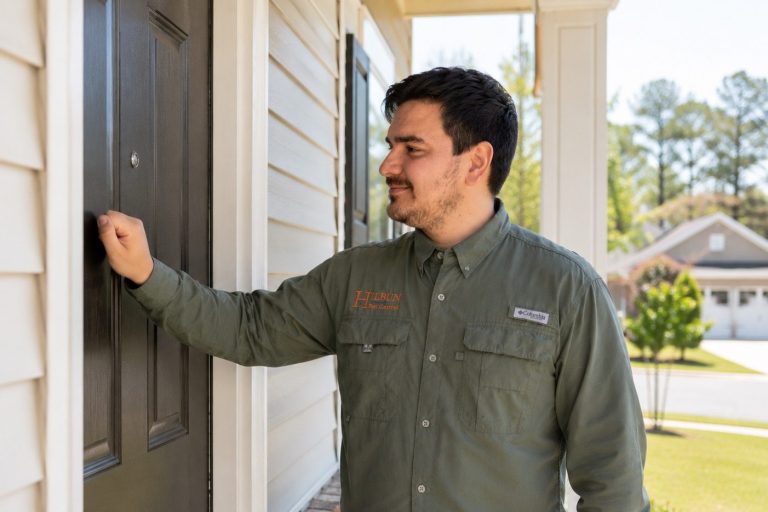 Free Re-Service Between Visits | Hilbun Pest Control Hilbun Pest Control technician arriving at a customer's home to provide a complimentary follow-up pest control service.