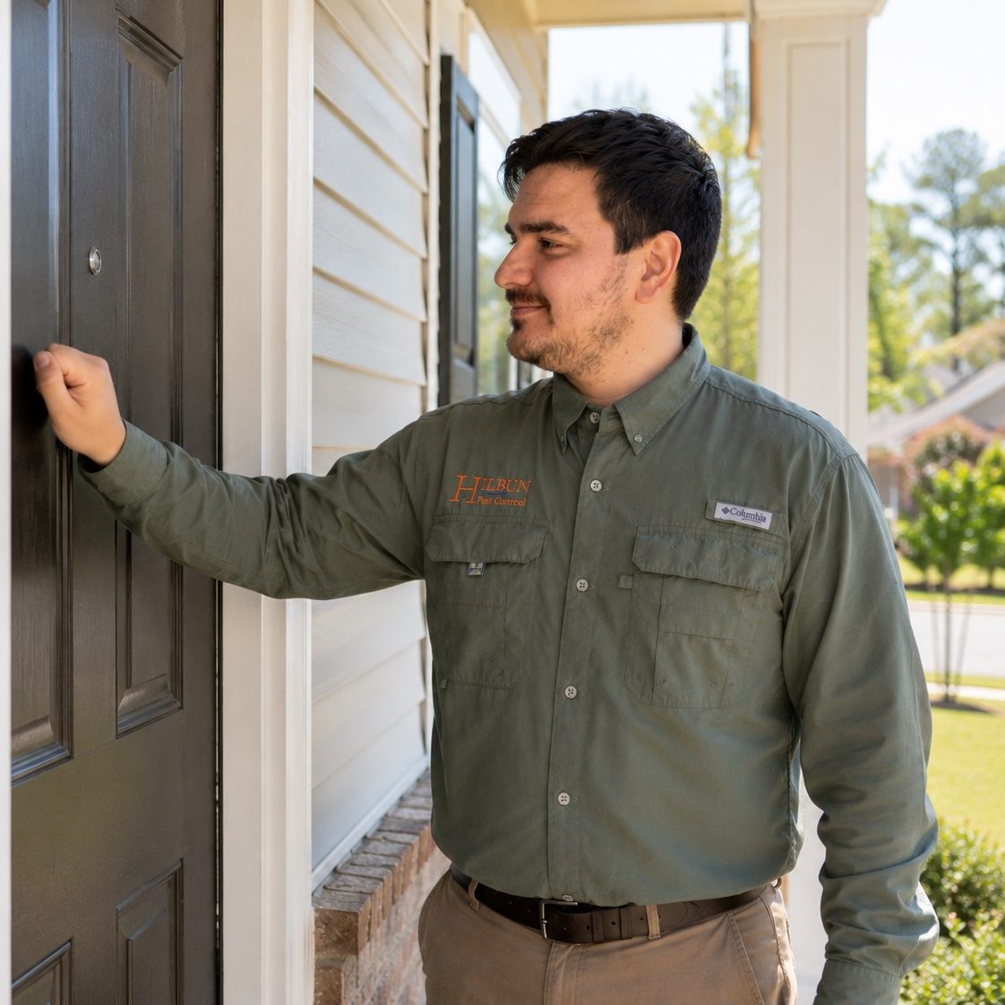 Hilbun Pest Control technician arriving for a scheduled termite inspection and follow-up service.