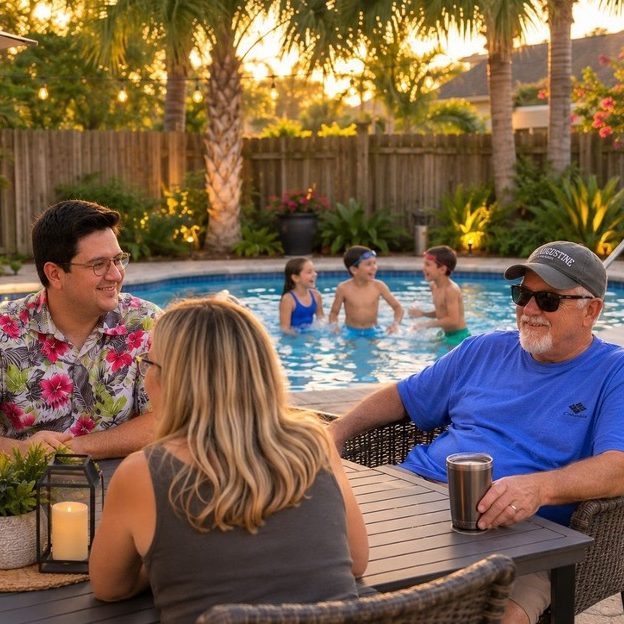 Enjoy Your Backyard with Mosquito Control in Fairhope, Alabama | Hilbun Pest Control Family enjoying an evening by the pool and patio after professional mosquito control helped make their outdoor living space more comfortable
