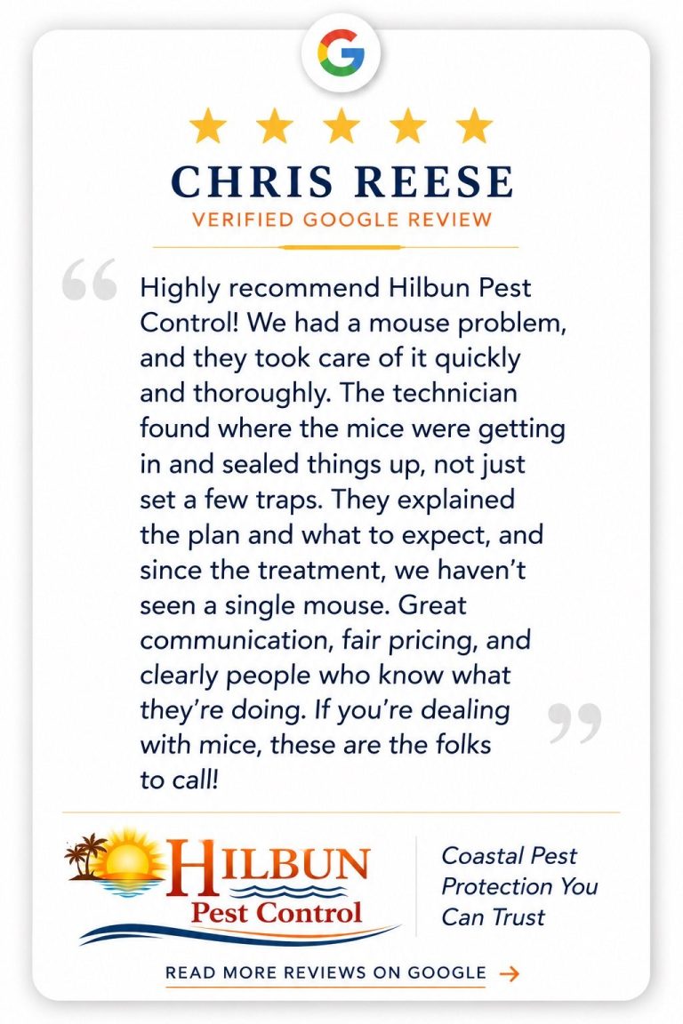 Bay Minette Rodent Control Customer Review | Hilbun Pest Control Five-star Google review for Hilbun Pest Control highlighting successful mouse removal and rodent exclusion services in Bay Minette, Alabama.