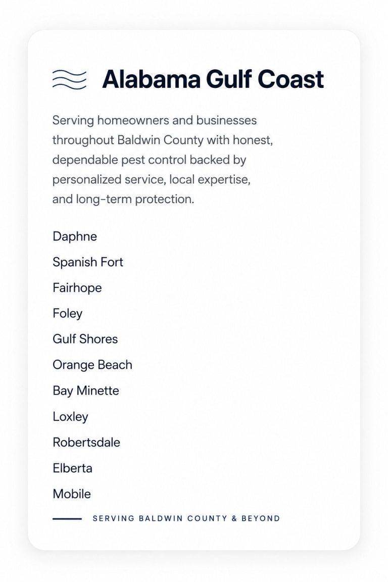 Alabama Gulf Coast Service Area | Hilbun Pest Control Premium service area card highlighting Alabama Gulf Coast cities served by Hilbun Pest Control in Baldwin County