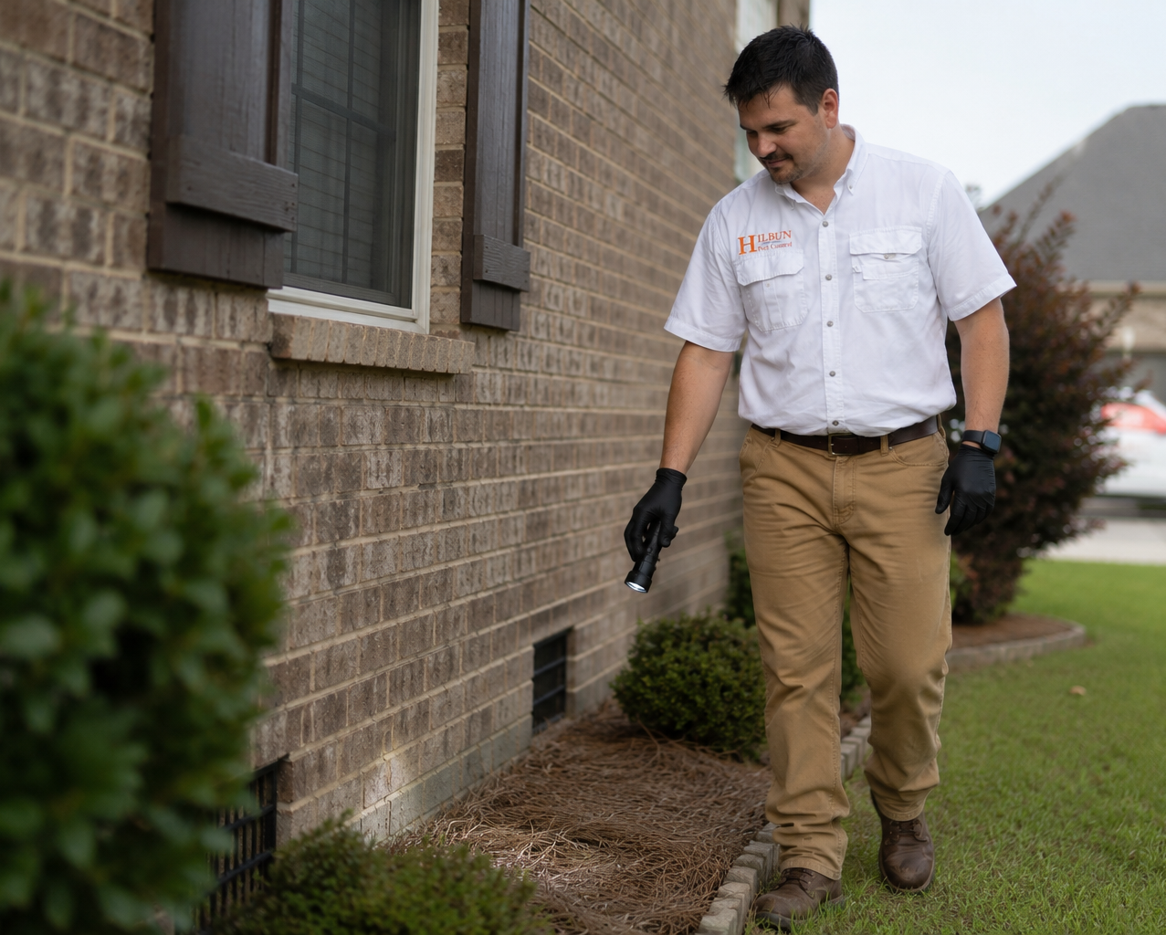 Pest Control in Gonzales, Louisiana Hilbun Pest Control technician providing pest control service at a home in Gonzales, Louisiana.