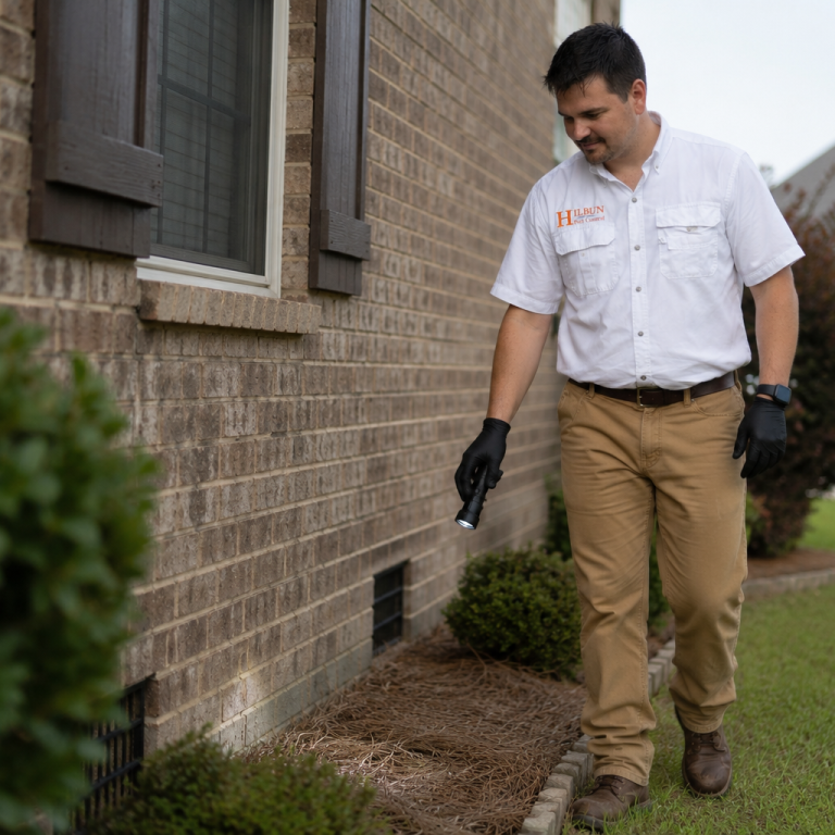 Hilbun Pest Control technician inspecting the exterior of a Fairhope home for signs of termite activity.