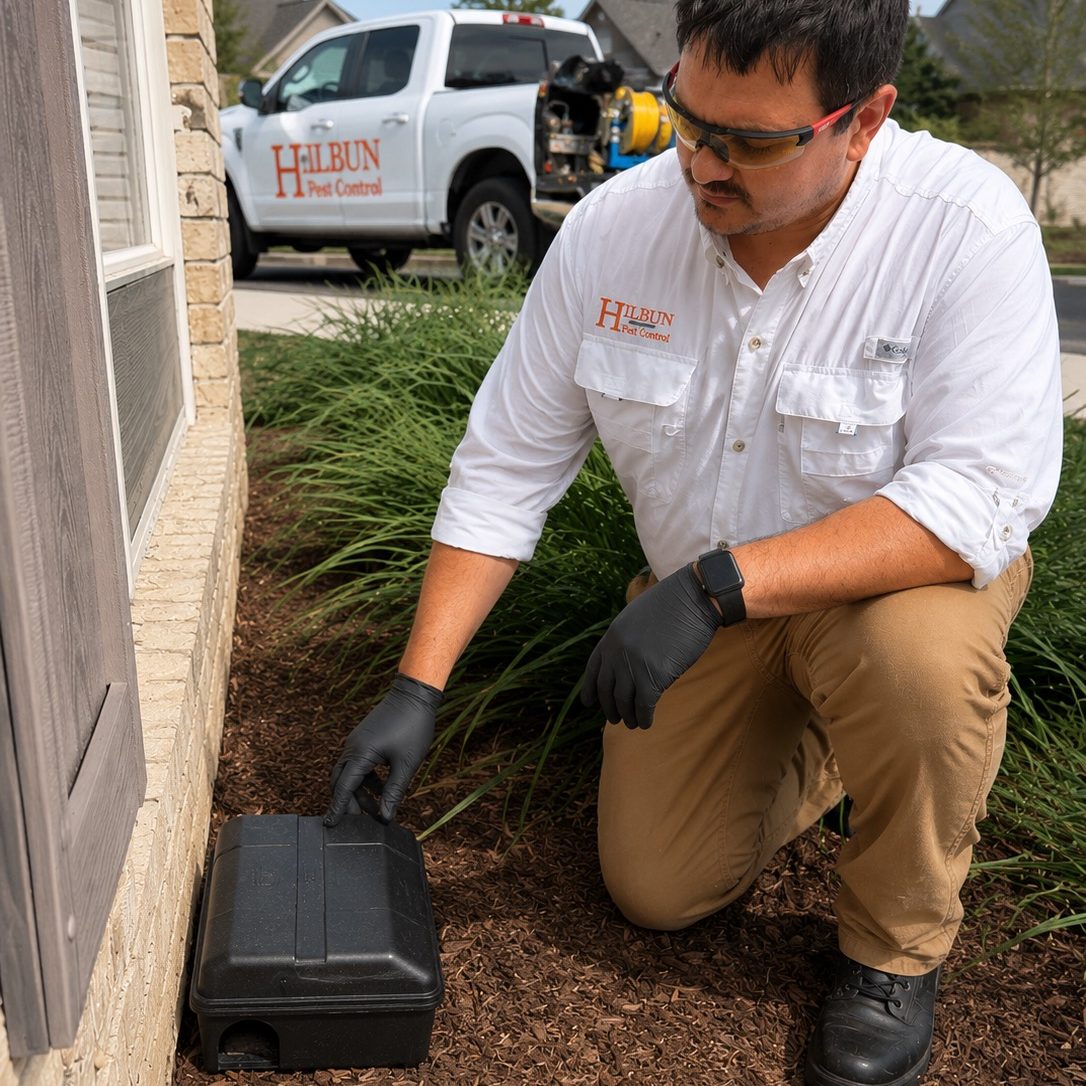 Hilbun Pest Control technician servicing an exterior rodent bait station at a residential property in Foley, Alabama.

