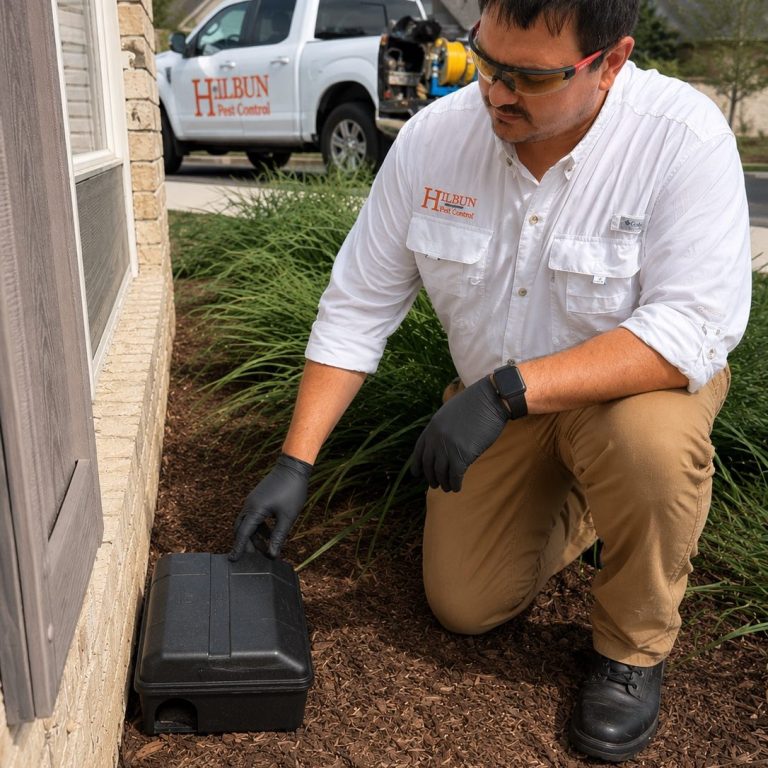 Rodent Monitoring in Baton Rouge, Louisiana Hilbun Pest Control technician checking an exterior EVO rodent station beside a Baton Rouge home.