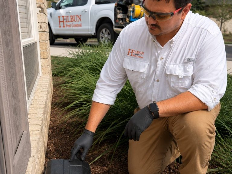 Exterior Rodent Control Inspection | Hilbun Pest Control Hilbun Pest Control technician inspecting an exterior EVO rodent bait station beside a residential home.