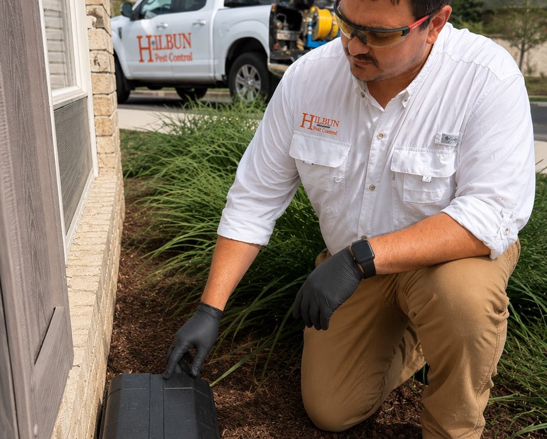 Professional Rodent Control Service in Bay Minette, AL | Hilbun Pest Control Hilbun Pest Control technician inspecting an exterior EVO rodent bait station at a residential property in Bay Minette, AL.