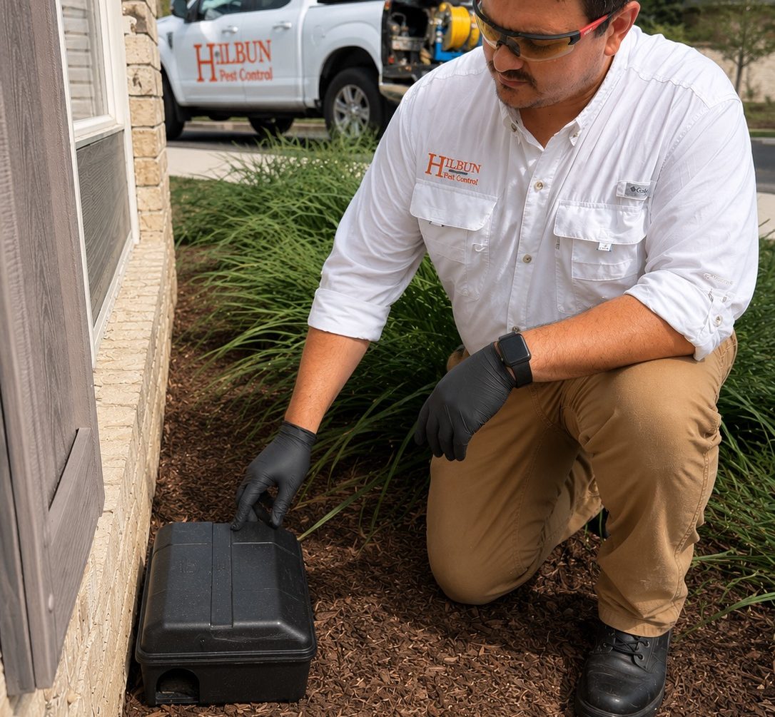 Rodent Control Inspection in Fairhope | Hilbun Pest Control Hilbun Pest Control technician inspecting a home for rodent activity in Fairhope, Alabama.