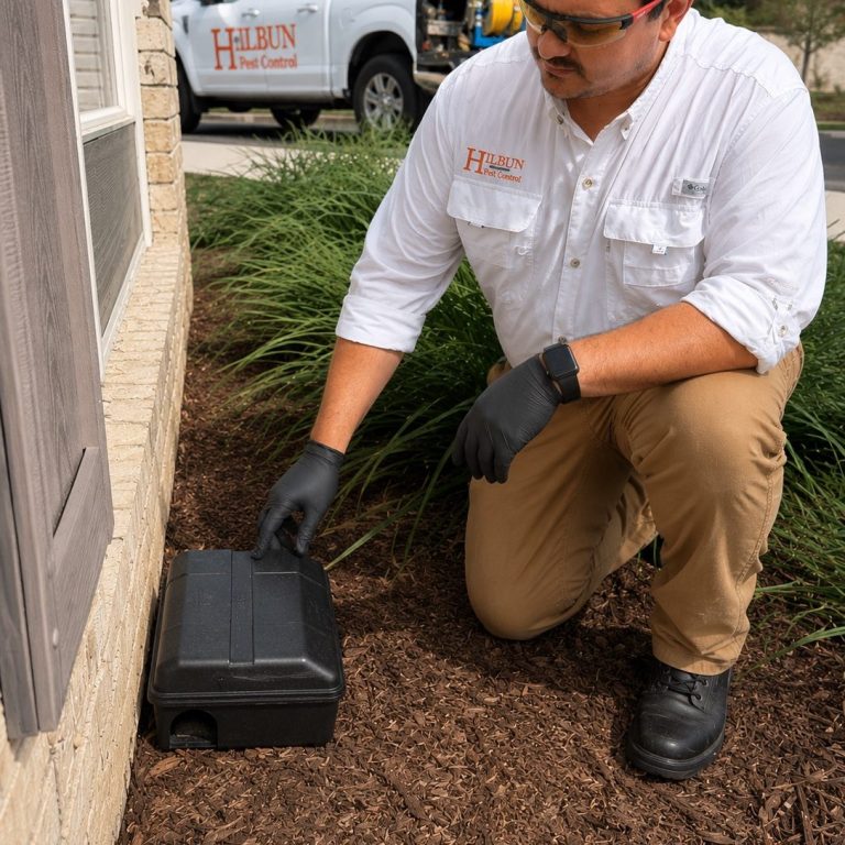 Rodent Defense Program in Daphne, AL Hilbun Pest Control technician inspecting and servicing an EVO exterior rodent bait station at a home in Daphne, Alabama.