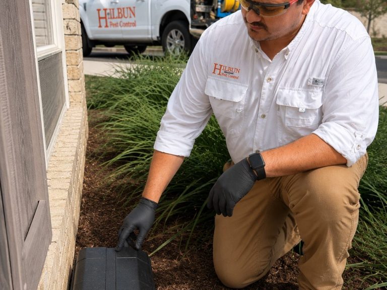 Hilbun Pest Control technician inspecting an exterior rodent bait station during a scheduled service visit.