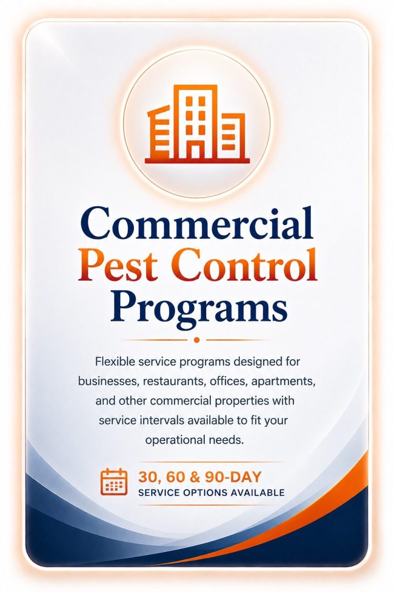Commercial Pest Control Programs | Hilbun Pest Control Premium card promoting commercial pest control programs with building icon and flexible service options for businesses.