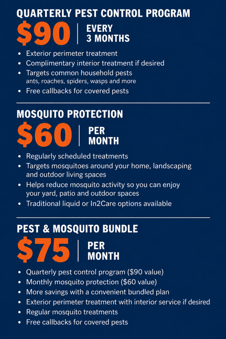 Hilbun Pest Control pricing: $90 quarterly pest control, $60 monthly mosquito treatments, or both bundled for $75 per month.