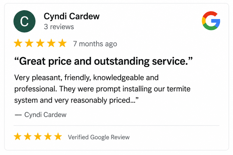Cyndi Cardew Google Review | Hilbun Pest Control Google review praising termite installation and professional service.